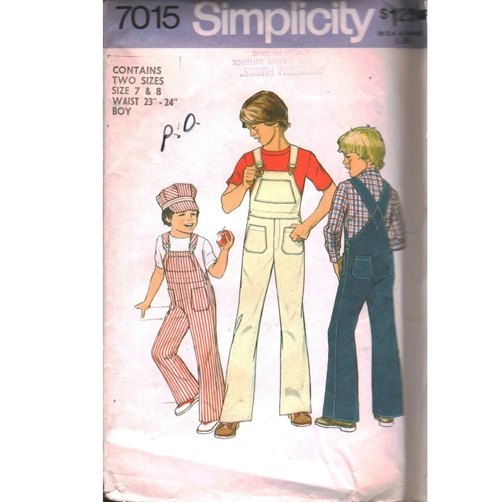 Simplicity 7015 Boys Overalls and Cap Sewing Pattern Size 7 8 Vintage 1975